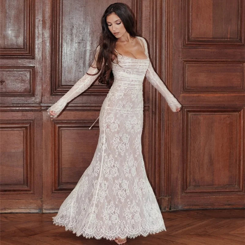 Long lace dress with drawstring and shawl – VOGANY